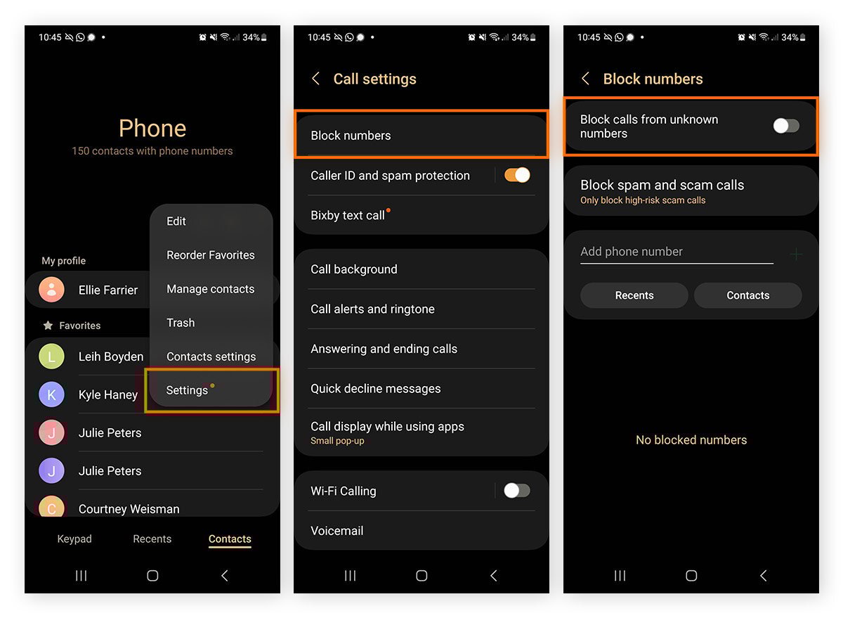 Acceso a los ajustes de llamada y activación del bloqueo de llamadas de números desconocidos en el modo oscuro en un Android.