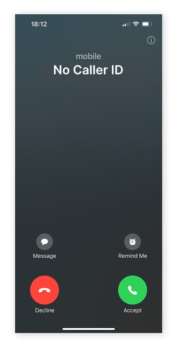 Una pantalla de teléfono que muestra las opciones para aceptar o rechazar una llamada sin identificador de llamada
