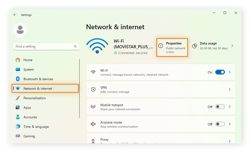 Finding your network and internet properties in Windows 11.
