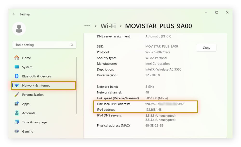 Finding your IPv4 and IPv6 address in Windows 11.