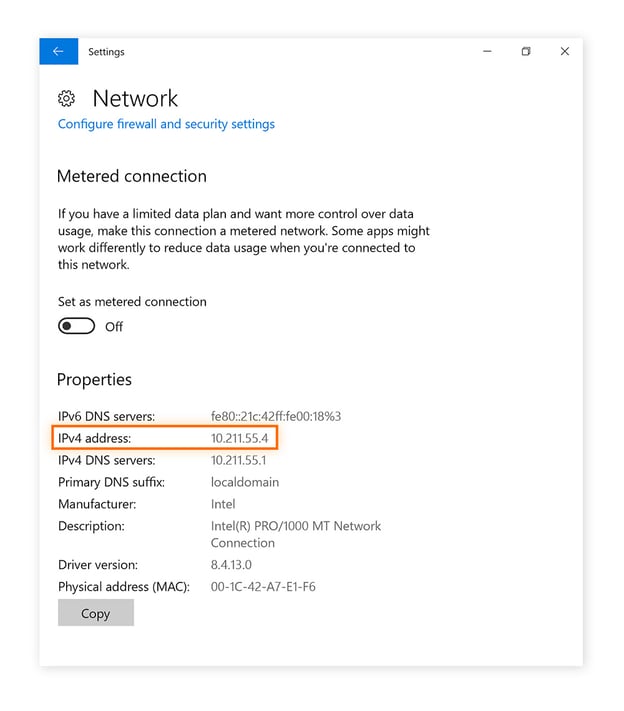 Your local IP address is shown, along with several other network parameters.