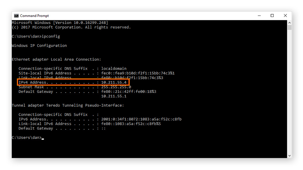 Entering “ipconfig” in a Windows Command Prompt screen displays several network parameters, including your local IP address.