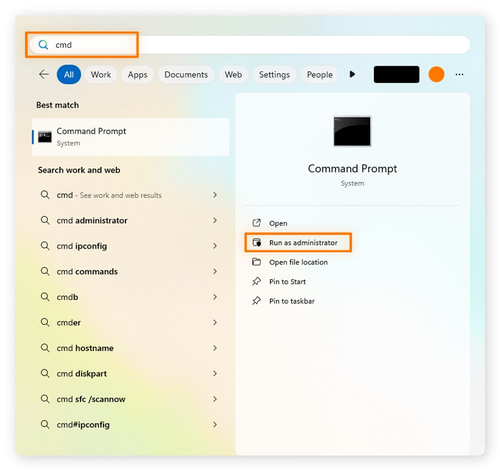 Screenshot, der die Öffnung der Eingabeaufforderung unter Windows zeigt