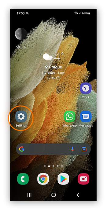 Les Paramètres sur l’écran d’accueil d’un appareil Android.