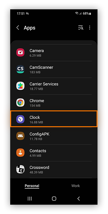 La liste des applications sur un appareil Samsung.