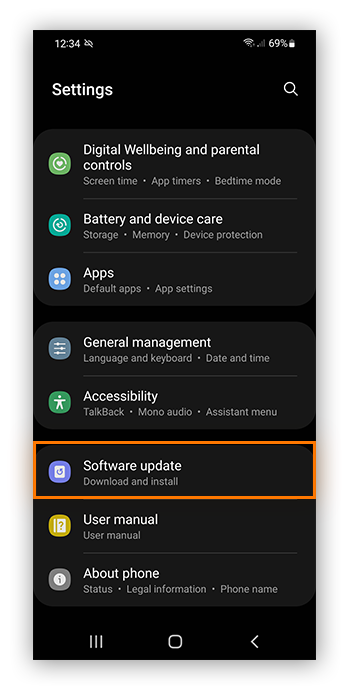 Paramètres de mise à jour du logiciel sur un appareil Samsung.
