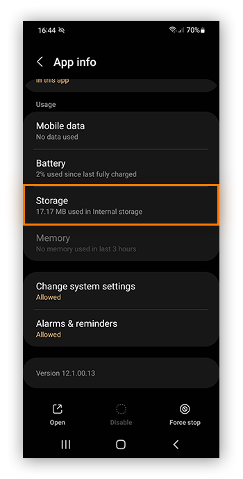 Les paramètres de stockage d’une application sur un appareil Samsung.