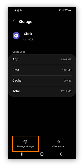 Appuyez sur Gérer le stockage dans les paramètres de l’application sur un appareil Samsung pour effacer les données de l’application.
