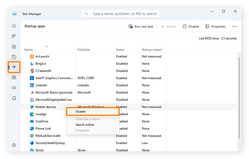 Deaktivieren von Apps auf der Registerkarte "Autostart" im Task-Manager.