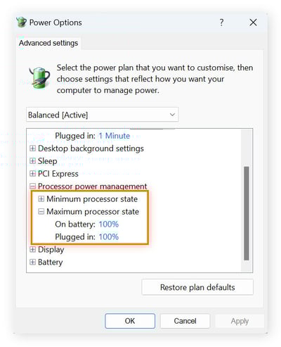 Festlegen eines Limits für den Leistungszustand des Prozessors zur Verringerung der CPU-Auslastung.
