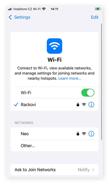 To connect to a new Wi-Fi network, select the network you want to connect to.