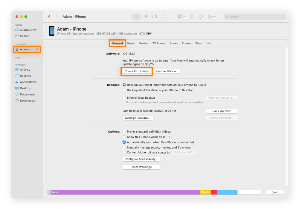 To update your iPhone from Finder, select your iPhone, click General, and click Check for Updates.