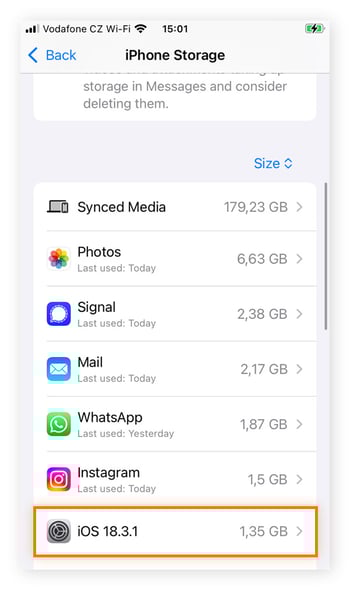 Scroll down in your storage settings to find the pending software update.