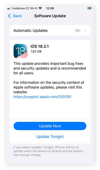 To update your iPhone, select update now or update tonight in Settings.