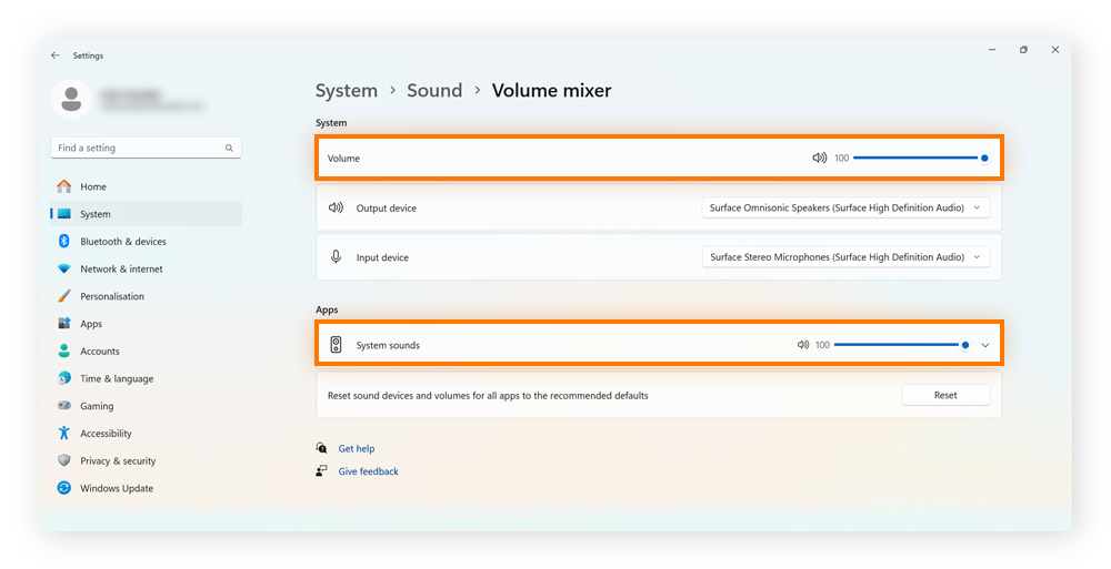 Checking volume for output devices and system sounds in Windows volume mixer.