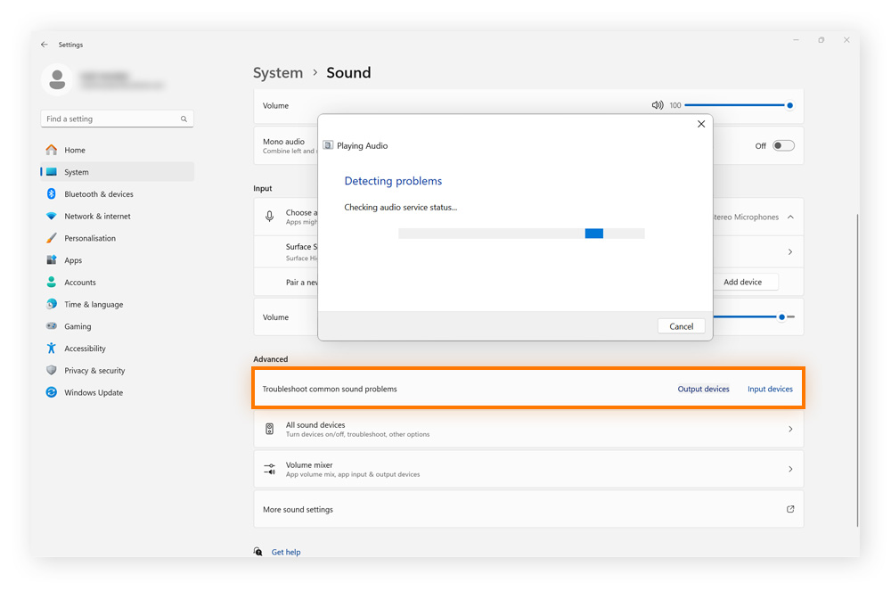 Opening Window's audio troubleshooter in the Advanced sound settings.