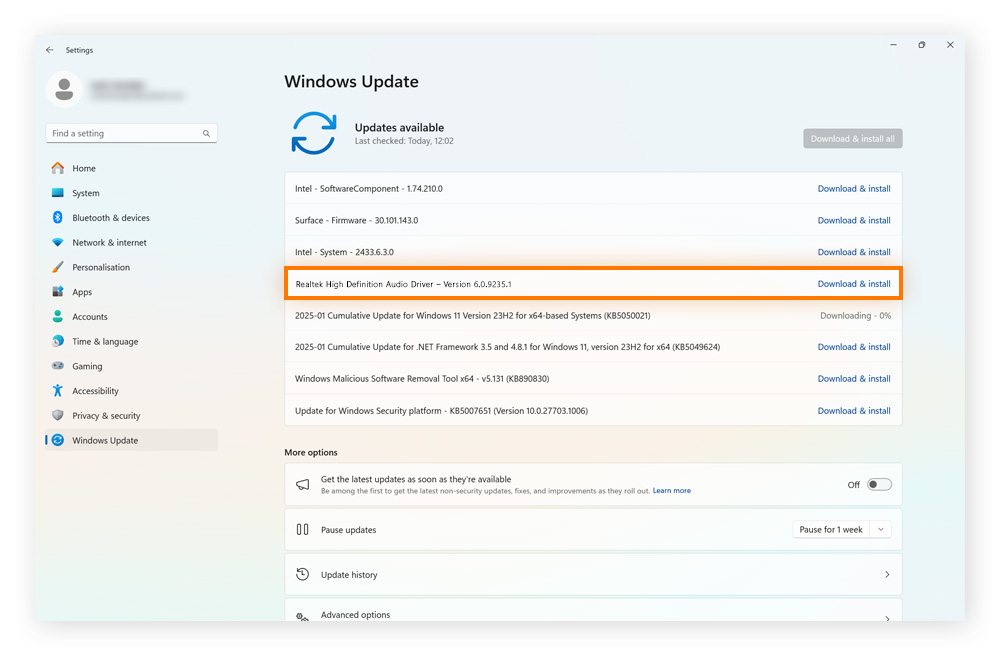 Updating Windows software and audio drivers.