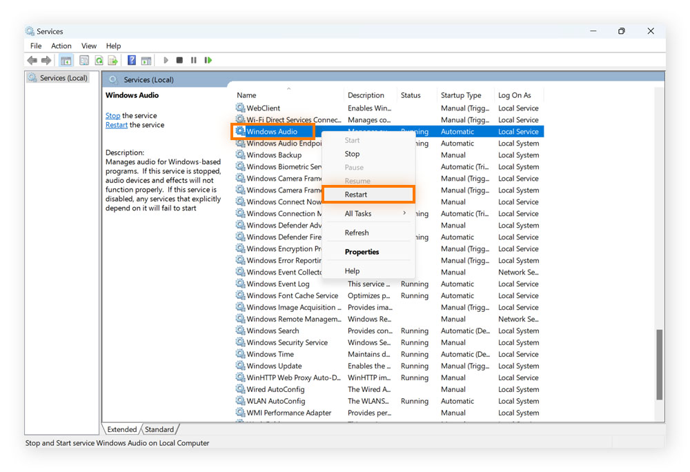 Restarting the Windows Audio service in the Services option in Windows.