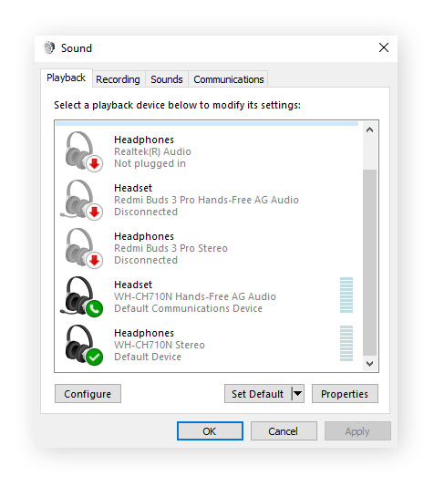 Changing your playback device in audio settings on PC.
