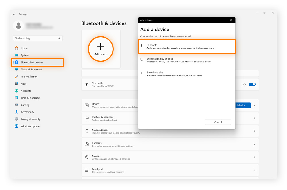 Connecting a new Bluetooth device in Windows Bluetooth settings.