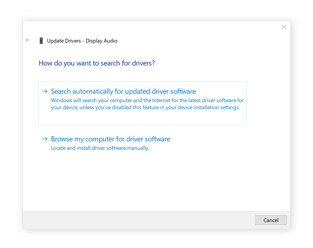 Windows 11 device manager showing the Update driver options in Device manager.