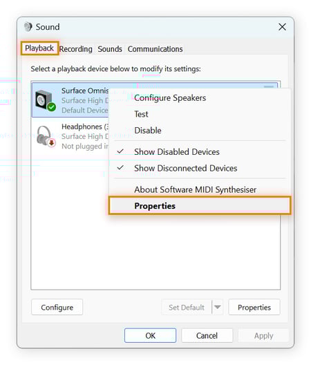 Accessing speaker properties in the Windows Sound settings.