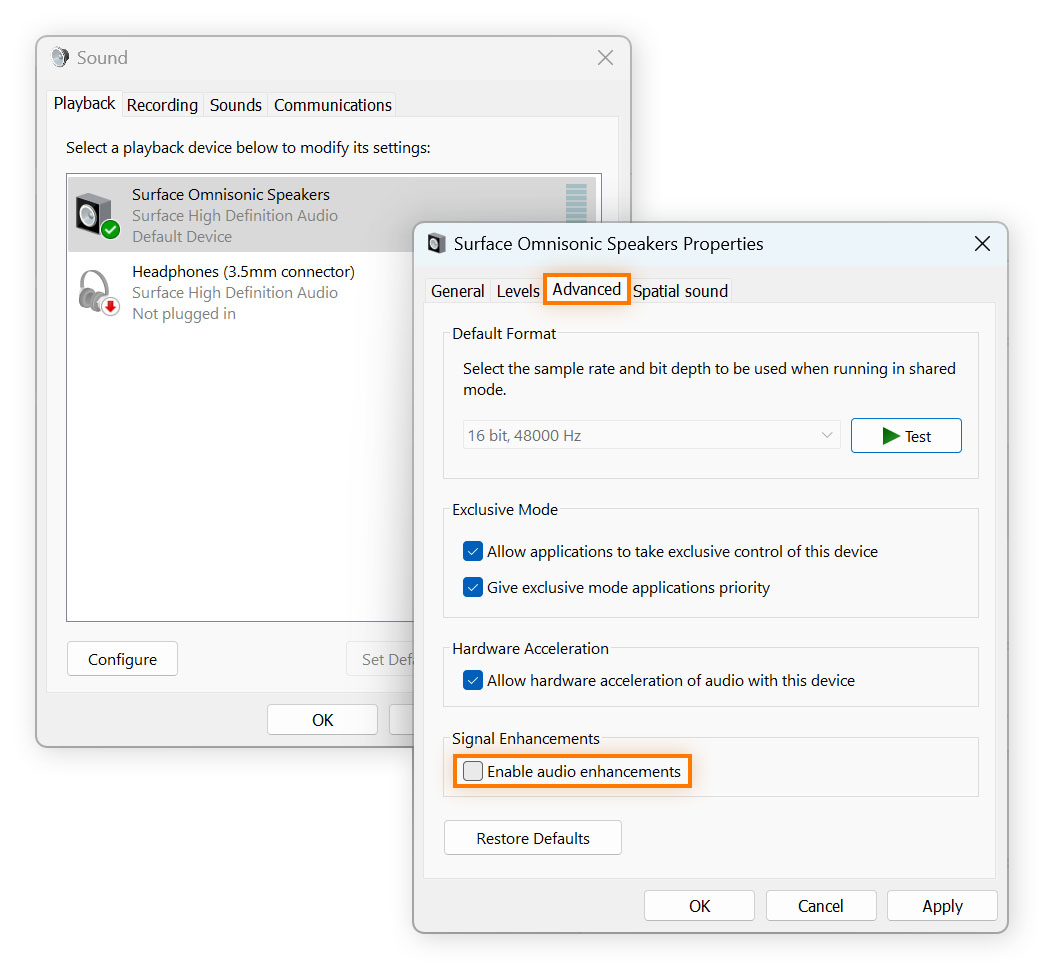 Disabling audio enhancements in speaker / audio settings on Windows.