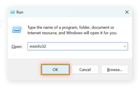 Running the System Information command in Windows.