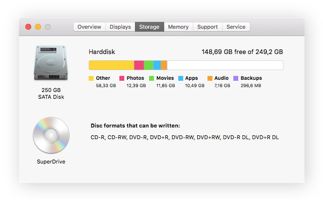 Registerkarte „Festplatten“ im Fenster „Über diesen Mac“.