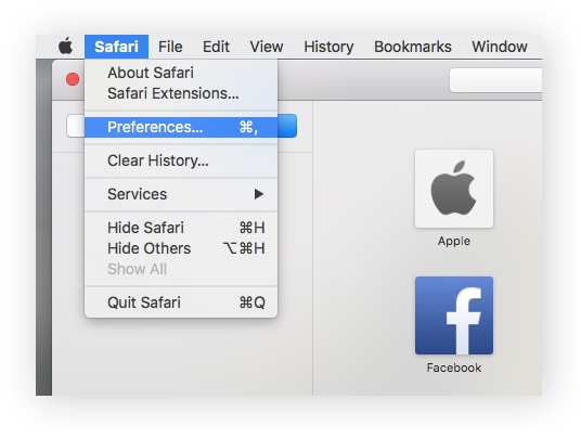 Das Safari-Hauptmenü mit ausgewählter Option „Einstellungen“.