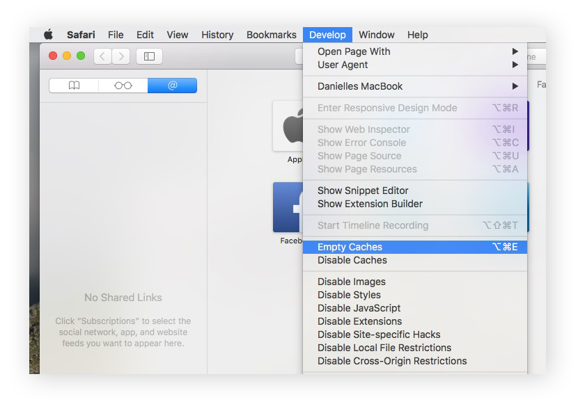 Das Menü „Entwickler“ in Safari mit markierter Option „Cache-Speicher leeren“.