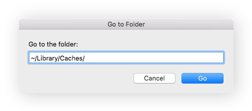 Screenshot des Fensters „Gehe zum Ordner“ mit der Suchanfrage „~/Library/Caches/“.