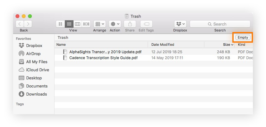 The Trash application window with "Empty" highlighted.