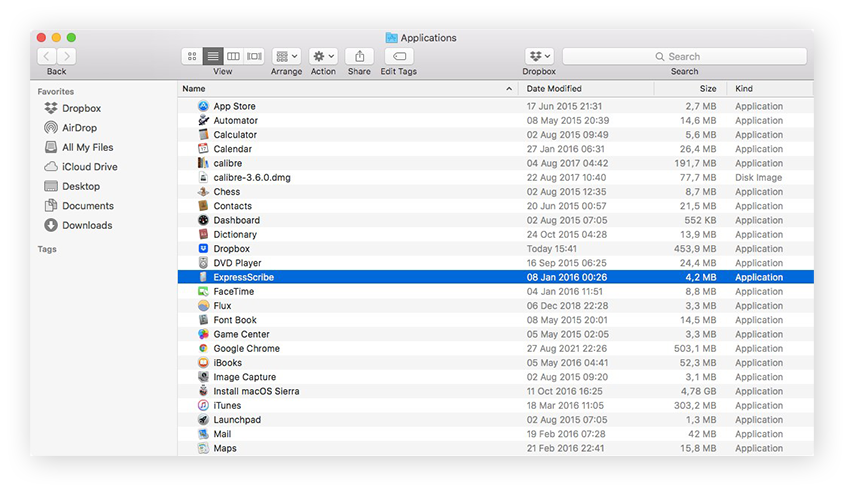The Applications window, with an app selected.