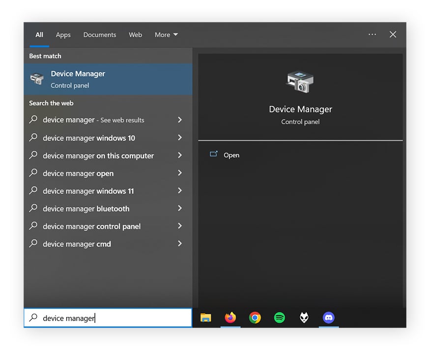 O menu Iniciar do Windows está aberto. “Gerenciador de dispositivos” foi digitado.