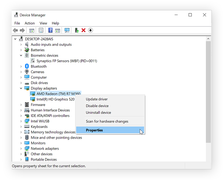 Uma tela do gerenciador de dispositivos. A placa de vídeo AMD está selecionada em “Adaptadores de monitor”. A GPU da AMD foi clicada com o botão direito e o mouse está sobre “Propriedades”.