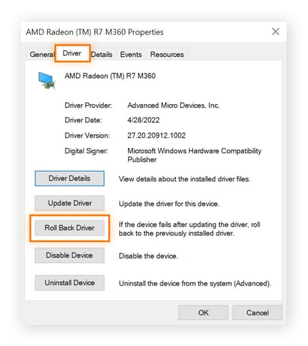 A view of the properties for the display adapter. The "Driver" tab has been selected and the "Roll Back Driver" button has been circled.