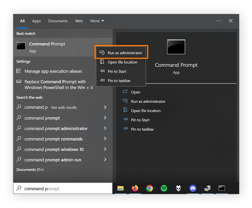 O menu Iniciar do Windows abre, o prompt de comando foi clicado com o botão direito do mouse e “Executar como administrador” foi circulado.