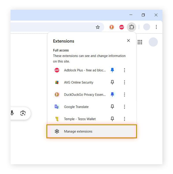 Google Chrome, with the Extensions icon and Manage Extensions selected.