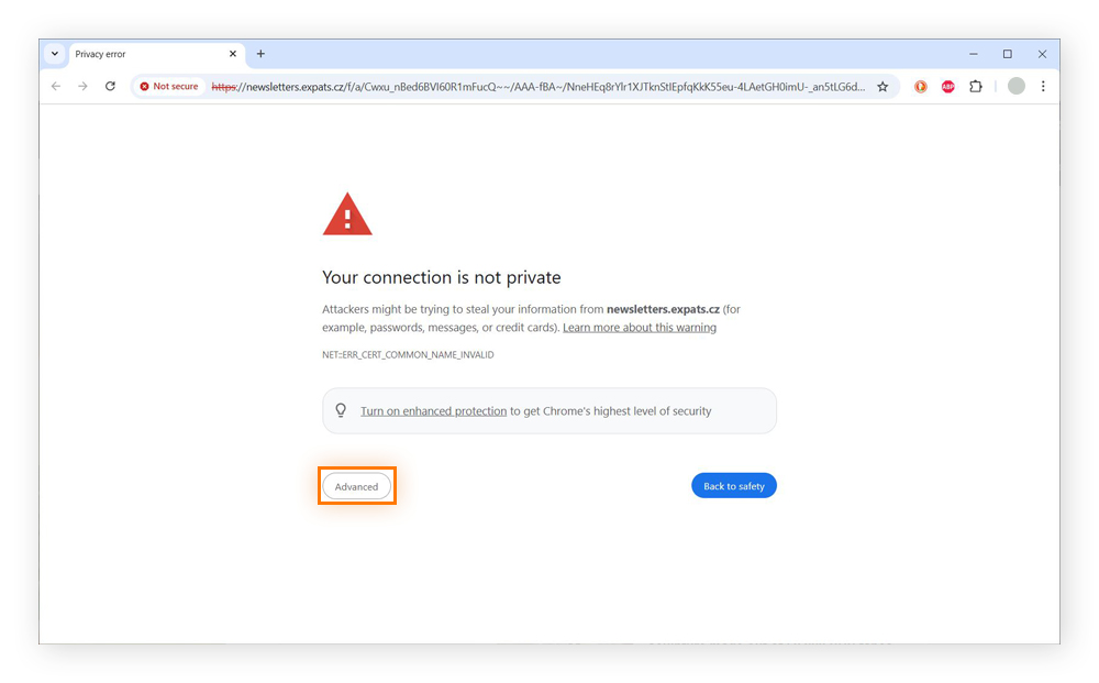 The "your connection is not private" error in Chrome, with the Advanced option highlighted.