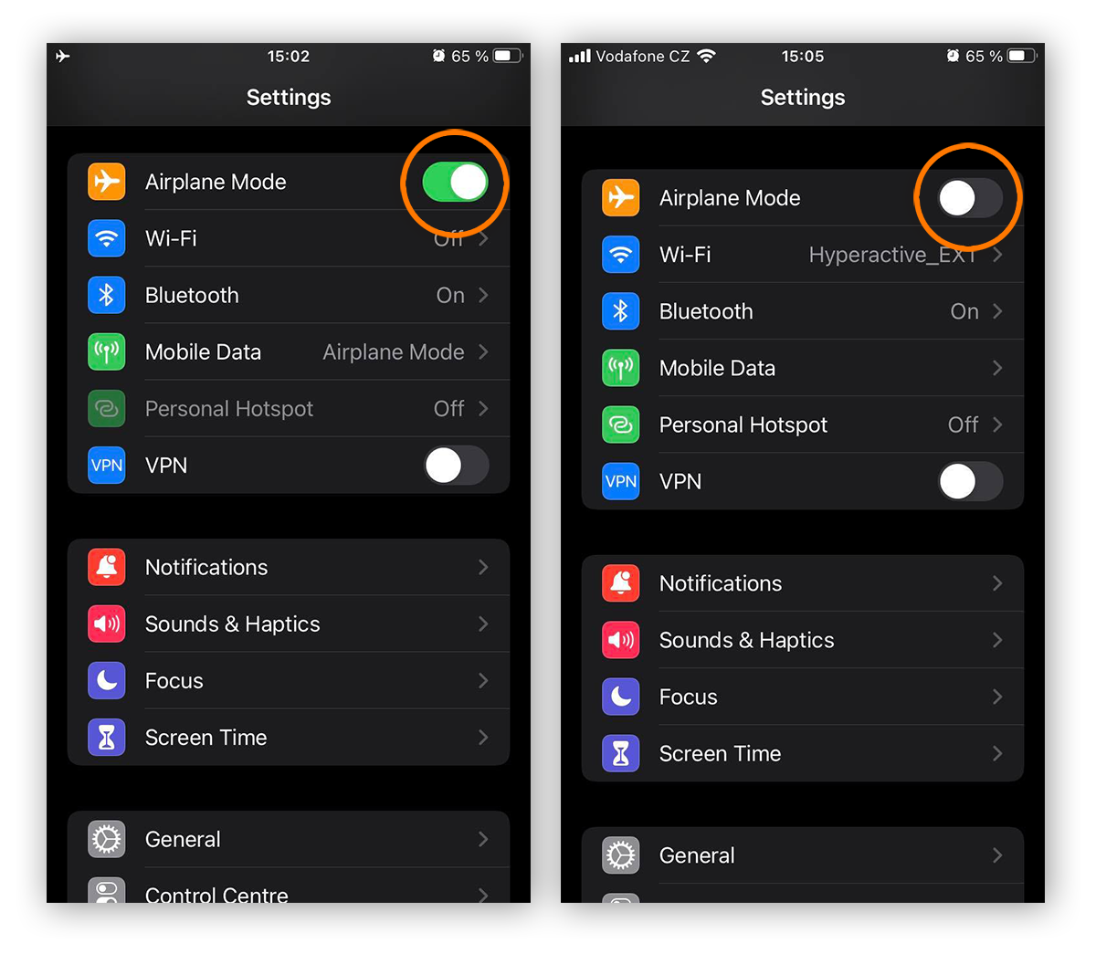 iPhone Settings with Airplane Mode turned off and Wi-Fi reconnected.