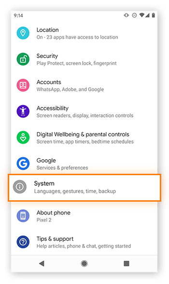 Abrindo Sistema nas configurações do Android.
