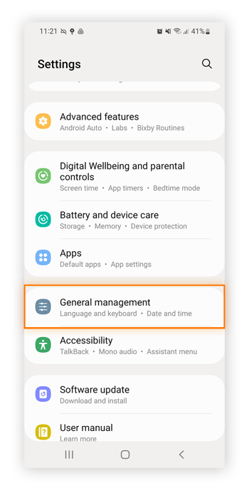 Abrindo as Gerenciamento geral nas configurações do Android