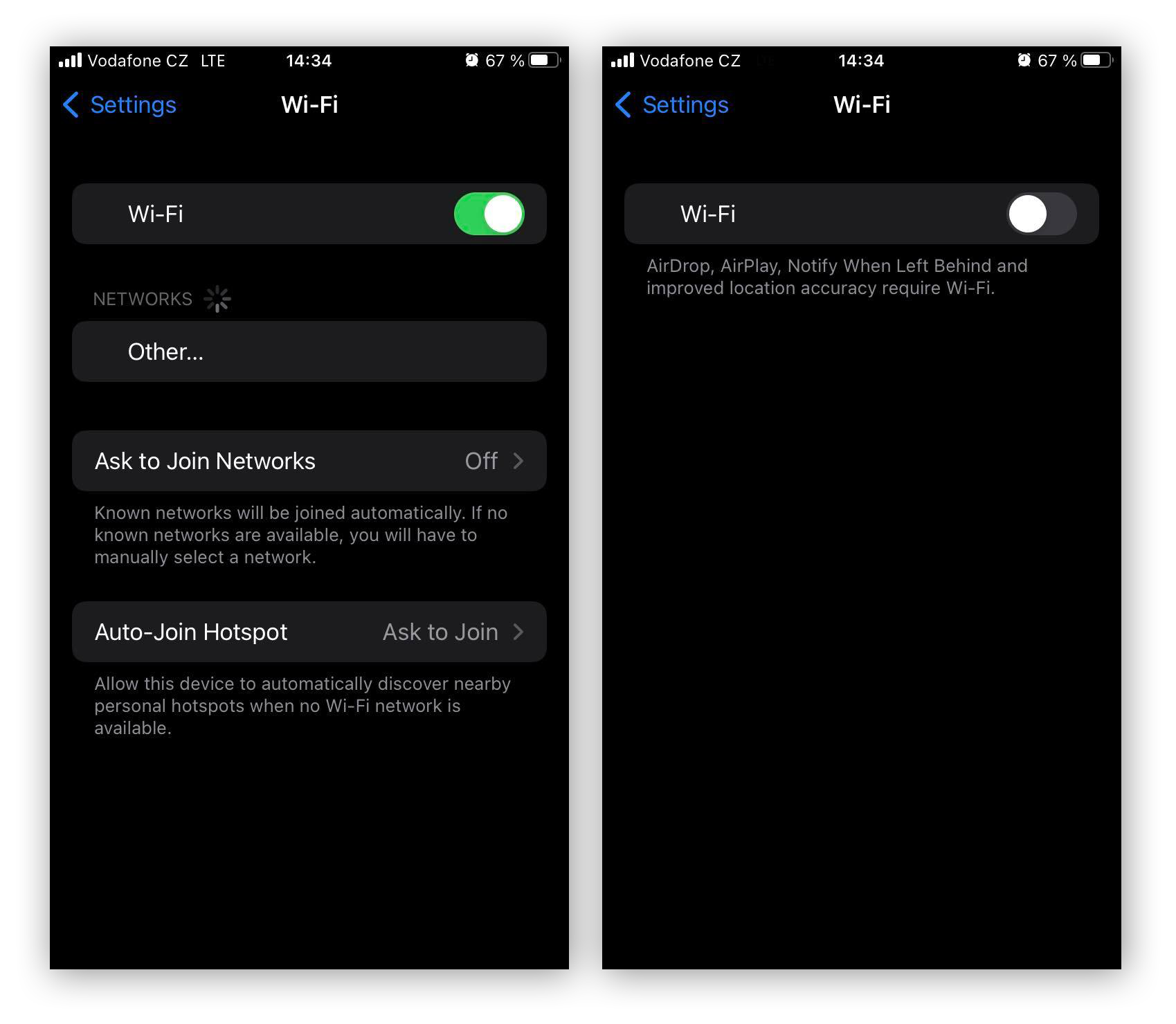 Der WLAN-Kippschalter des iPhone, der aus- und eingeschaltet wird, um die WLAN-Verbindung anzuzeigen.