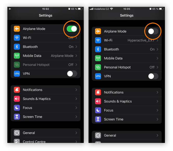 iPhone-Einstellungen mit ausgeschaltetem Flugmodus und wieder verbundenem WLAN.