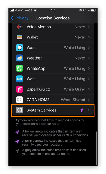 Option Systemdienste in den Einstellungen der Ortungsdienste auf dem iPhone.