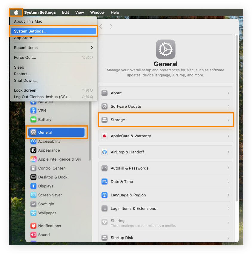 A screenshot showing how to access Storage in a Mac's System Settings.