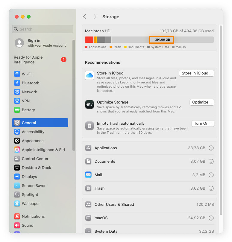 A screenshot of a Mac's storage settings.