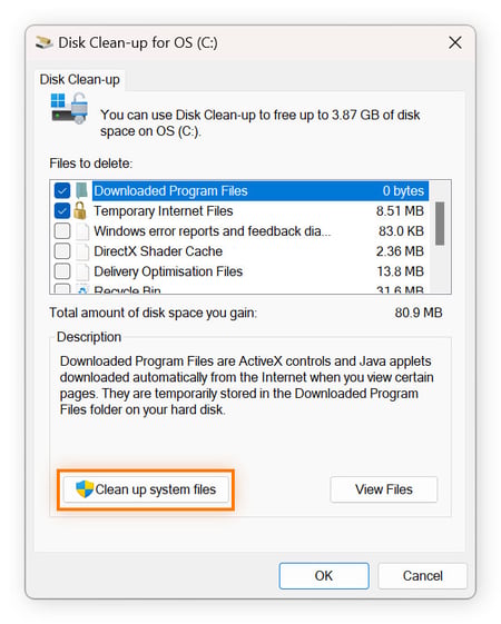 The Clean up system files option highlighted in the Windows Disk Cleanup utility.