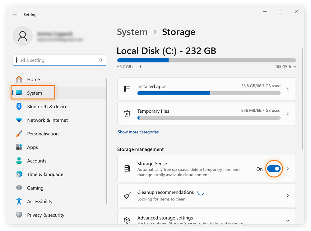 A screenshot showing Storage Sense in the System settings of a Windows PC.